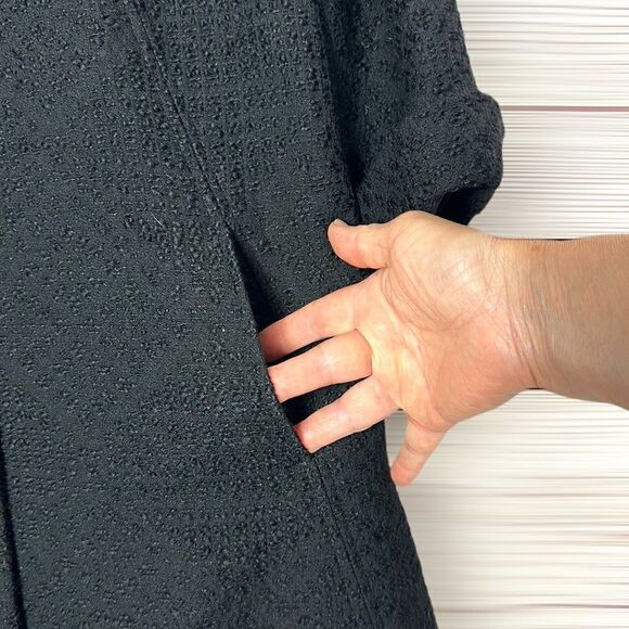Eileen Fisher Textured Black Wool Swing Coat Silk Lined 3/4 Sleeve Band Collar S - Picture 5 of 13